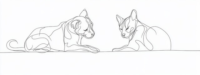 Naklejka premium Dog cat line pet animal art continuous outline illustration drawing. Cat line simple dog icon silhouette background one sketch logo puppy vet companion doodle canine card business linear minimal.