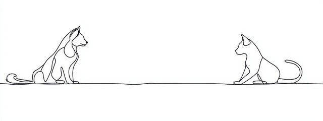 Dog cat line pet animal art continuous outline illustration drawing. Cat line simple dog icon silhouette background one sketch logo puppy vet companion doodle canine card business linear minimal.