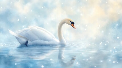 Graceful White Swan Swimming in Blue Water with Soft Light