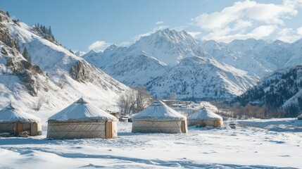 A yurt camp in a snow-covered valley, with traditional yurts offering a cozy refuge against the backdrop of the majestic highlands.