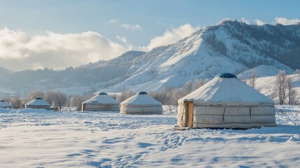 A yurt camp in a snow-covered valley, with traditional yurts offering a cozy refuge against the backdrop of the majestic highlands.