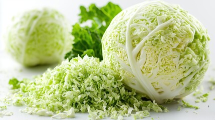 Fototapeta premium Cabbage with grated pieces of cabbage isolated on a white background 