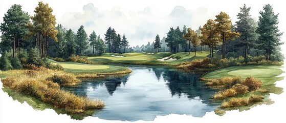 Fototapeta premium Watercolor Golf Course with Hand-Painted Trees and Winding Fairway