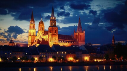Fototapeta premium An enchanting evening scene of the Mainz Cathedral, its illuminated faASade and towering spires contrasting with the darkening sky, capturing the essence of history and architecture.