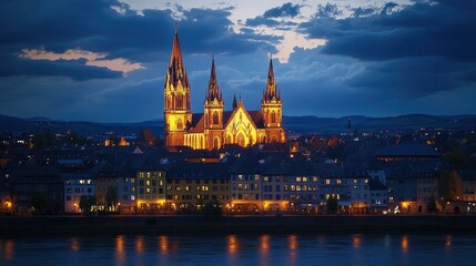 Fototapeta premium An enchanting evening scene of the Mainz Cathedral, its illuminated faASade and towering spires contrasting with the darkening sky, capturing the essence of history and architecture.
