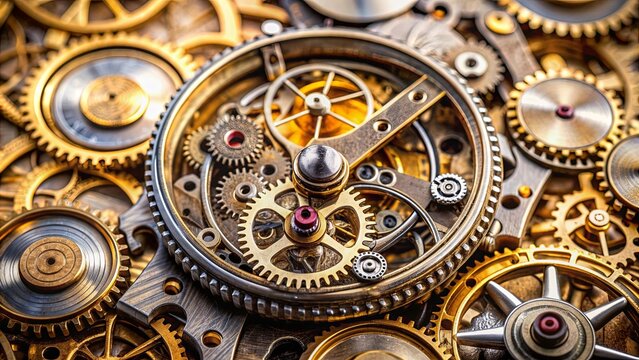 Close up of disassembled watch mechanism showing intricate metal gears and cogs