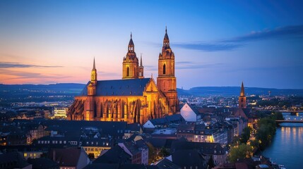 Fototapeta premium An evening view of the Mainz Cathedral in Germany, with the historic structure illuminated against a deep blue sky, casting a majestic presence over the city.
