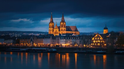 Obraz premium An evening view of the Mainz Cathedral in Germany, with the historic structure illuminated against a deep blue sky, casting a majestic presence over the city.