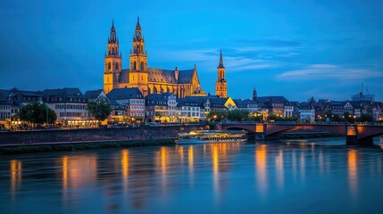 Fototapeta premium An evening view of the Mainz Cathedral, where the historic structure is illuminated against a deepening blue sky, and the city begins to light up for the night.