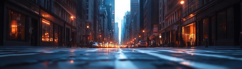 City exploration at dawn, with empty streets and the first light of day illuminating the urban landscape, Serene, Cool Tones, Wide Angle