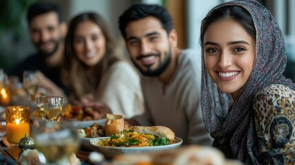 Cultural diversity with a group of friends from different backgrounds enjoying a meal together, capturing the spirit of unity, Social, Warm Tones, High Energy