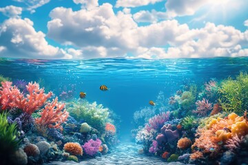 Naklejka premium Vibrant underwater coral reef landscape with tropical fish and colorful sea life