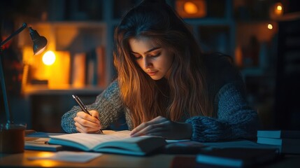 Fototapeta premium Education success with a student studying late at night, surrounded by books, notes, and determination, Academic, Warm Lighting, Detailed