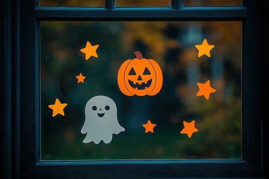 A house window adorned with vibrant, Halloween-themed stickers and decals that are perfect for kids.







