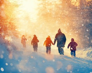 Family holiday with parents and children playing on a snowy hill, captured in a joyful winter scene, Festive, Cool Tones, High Energy