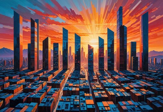 an artwork consisting of elongated, vertical rectangles in assorted hues representing an urban landscape under the changing light from dusk till dawn.