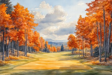 Landscape of Autumn Golf Course with Golden Leaves and Nostalgic Terrain