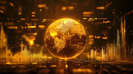 An abstract representation of the gold trading market, featuring a golden globe surrounded by financial data, with gold prices and trading volume indicators displayed prominently 