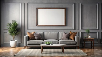 Living room wall art mockup featuring a wide gray horizontal wall with a dark wood frame brown accent