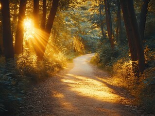 Forest path winding through tall trees, with sunlight filtering through the leaves, Serene, Warm Tones, Atmospheric