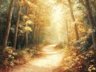 Obraz premium Forest path winding through tall trees, with sunlight filtering through the leaves, Serene, Warm Tones, Atmospheric
