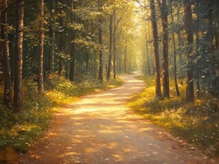 Obraz premium Forest path winding through tall trees, with sunlight filtering through the leaves, Serene, Warm Tones, Atmospheric