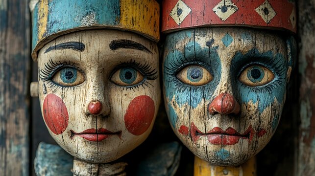 Two vintage wooden clown puppets with painted faces and large eyes, looking directly at the camera.