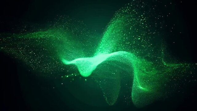 Motion animation of abstract 3d bright green flowing wave made of dots on black background. Digital data structure. Future mesh or soundgrid. Futuristic technology concept. Backdrop for design