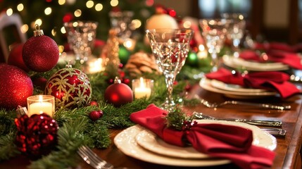 Christmas table decorated with red and green ornaments, candles, and festive napkins, ready for a holiday feast with family and friends.