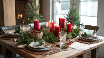 Christmas table setting with a rustic touch, decorated with pine branches, red candles, and natural elements. Cozy and festive.