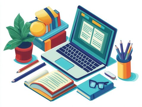 Online education with a student attending a virtual class, laptop open, and learning materials spread out, Educational, Bright, Detailed