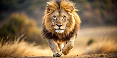 Close-up image of a lion running with a powerful expression, showcasing strength, courage, and fearlessness