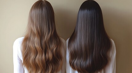 Fototapeta premium Two women with long, healthy hair, one with brown hair and one with black hair, standing back-to-back against a beige background.