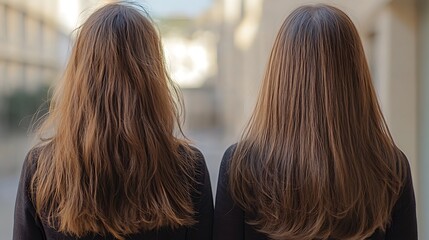 Two women with long brown hair standing back to back.