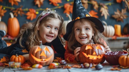 Fototapeta premium Children celebrating hallowing,candies, candles,jack o lantern,pumpkins,halloween treats and sweets