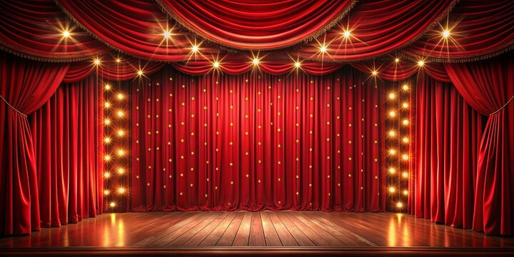 Glamorous empty stage with red curtains and bright lights set for performance in a theater or cabaret setting