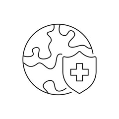 Globe with medical shield. Global healthcare line icon isolated on white background. Vector illustration