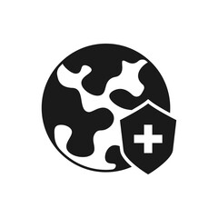 Globe with medical shield. Global healthcare flat icon isolated on white background. Vector illustration