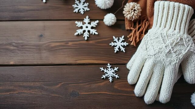 White knit gloves, snowflake decorations, and cinnamon sticks arranged on weathered wooden planks. Soft lighting creates a warm, inviting atmosphere reminiscent of cozy winter evenings.	