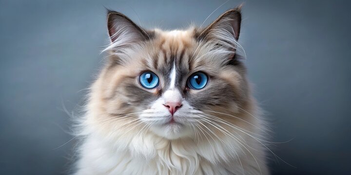 Fluffy ragdoll cat with stunning blue eyes, a mesmerizing feline pet