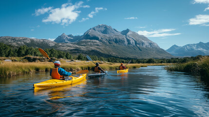 Kayakers enjoying a peaceful journey on a calm river, with a backdrop of majestic mountains and clear skies, capturing the essence of outdoor recreation and adventure.