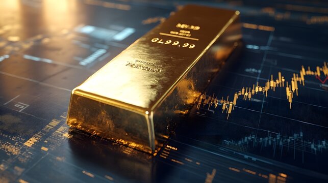 A conceptual image depicting the gold trading market, with a 3D gold bar set against a background of trading charts and financial metrics, illustrating the dynamics of gold investments