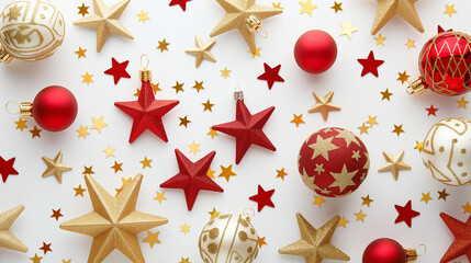 Golden stars and red ornaments form a festive Christmas decoration pattern on a wooden background for holiday celebration