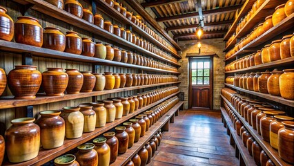 Traditional Chinese rice wine shop with rows of fermenting jars
