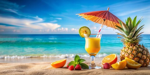 Tropical beach cocktail with umbrella and fresh fruit, perfect for a summer vacation getaway