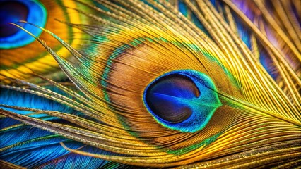 Fototapeta premium Close up of a vibrant blue and gold peacock feather with intricate details perfect for design inspiration and backgrounds