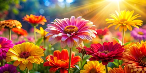 Fototapeta premium Vivid flowers glowing in the sunlight on a warm summer day, showcasing radiant blooming petals in a colorful and vibrant display