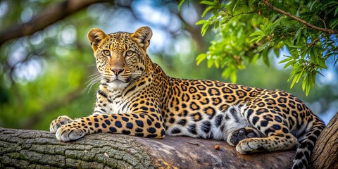 Naklejka premium A majestic leopard resting on a tree in the wild, showcasing its natural camouflage and feline beauty