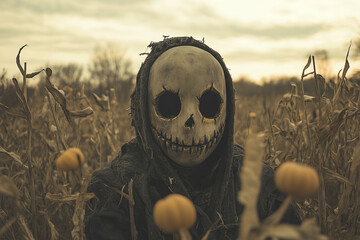 Scarecrow-Like Figure with Skull Mask in a Cornfield