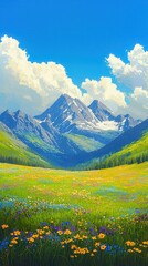 Fototapeta premium Mountainous landscape with wildflower meadows, tall peaks in the background, a clear blue sky with a few white clouds, cool breeze, perfect summer hiking weather.